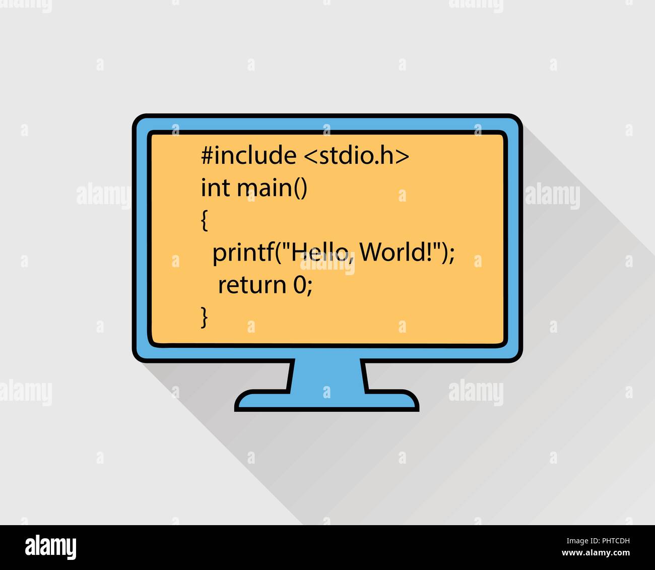 Linguaggio di programmazione per computer icona colorata. Ciao Mondo codice sul monitor. Illustrazione Vettoriale