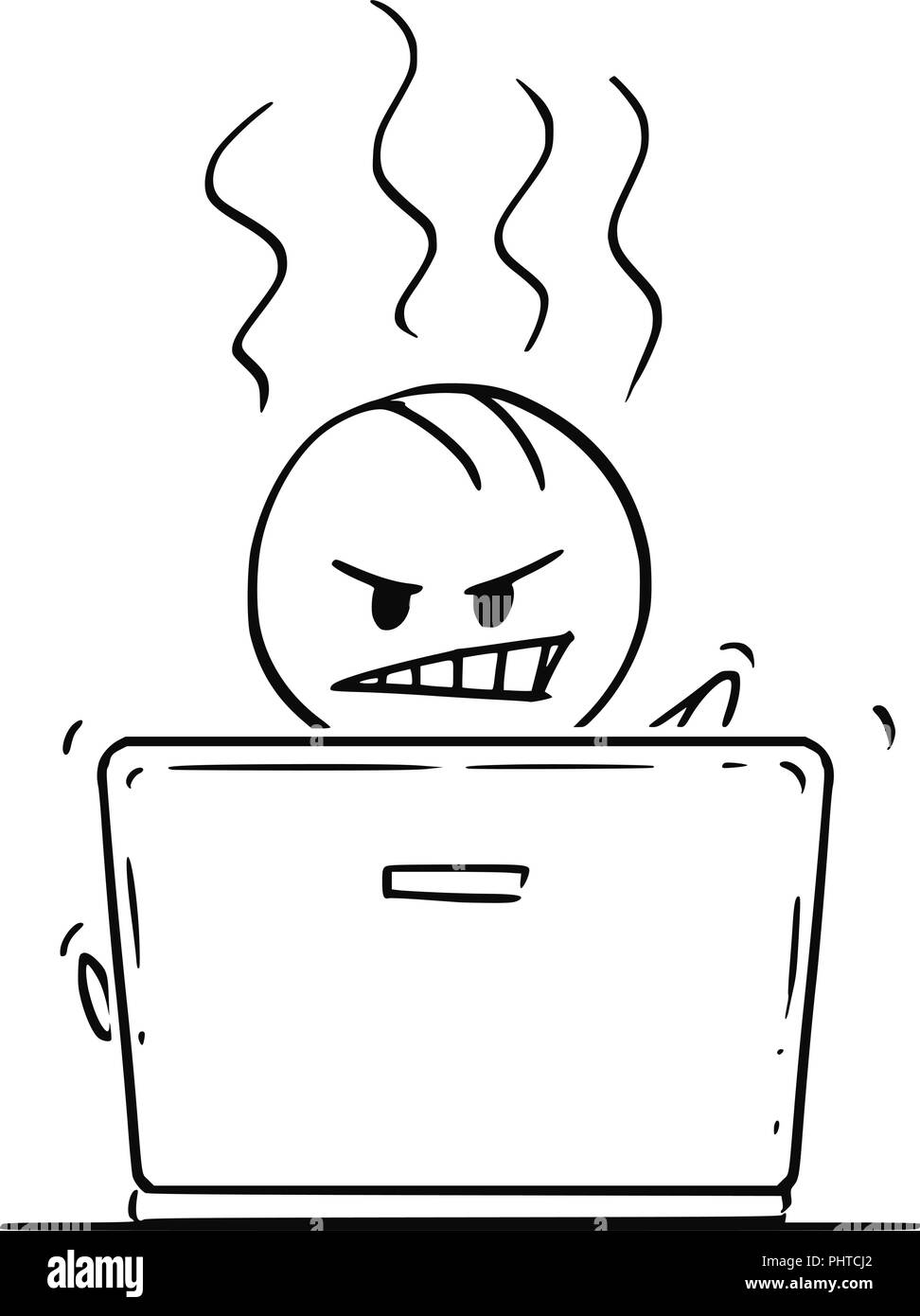 Cartoon di Angry Man o imprenditore lavorando sul computer portatile Illustrazione Vettoriale