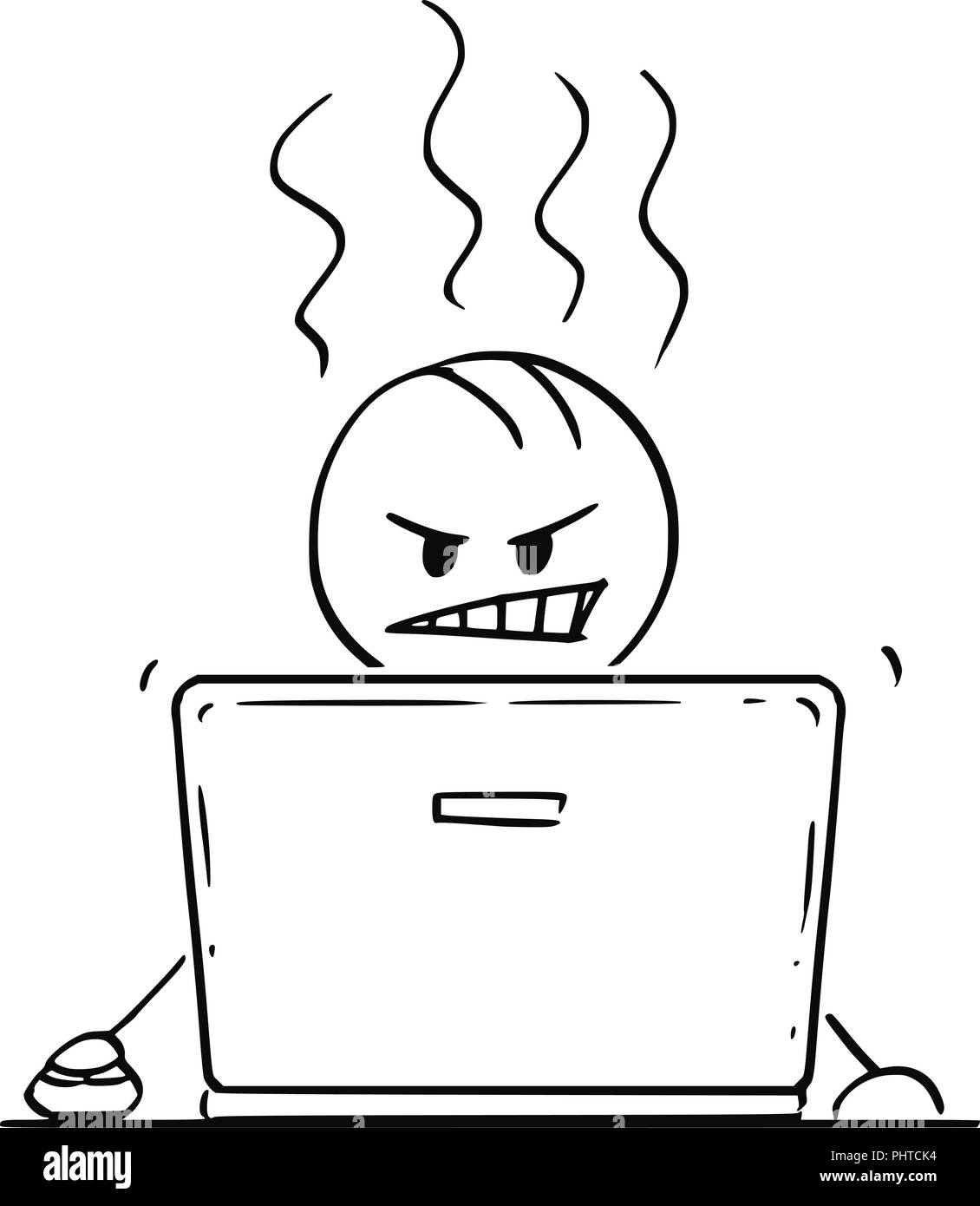 Cartoon di Angry Man o imprenditore lavorando sul computer portatile Illustrazione Vettoriale