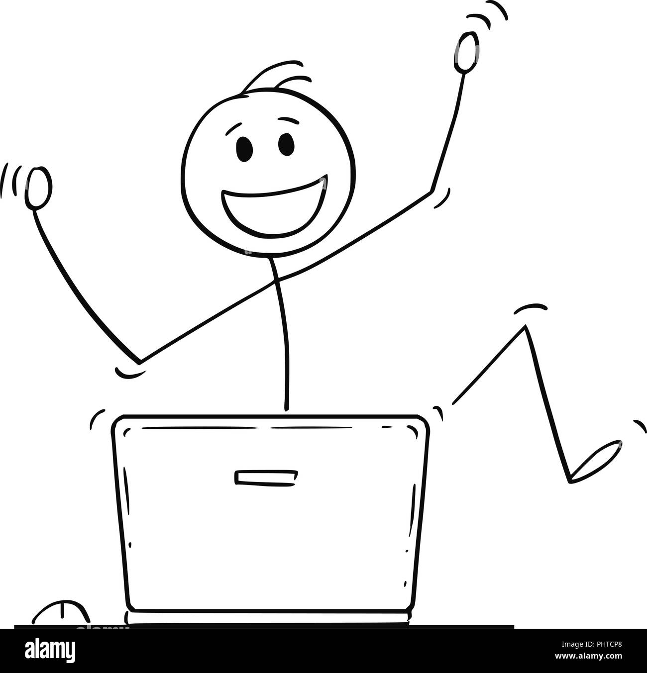 Cartoon di uomo felice o imprenditore celebra dietro il computer portatile Illustrazione Vettoriale