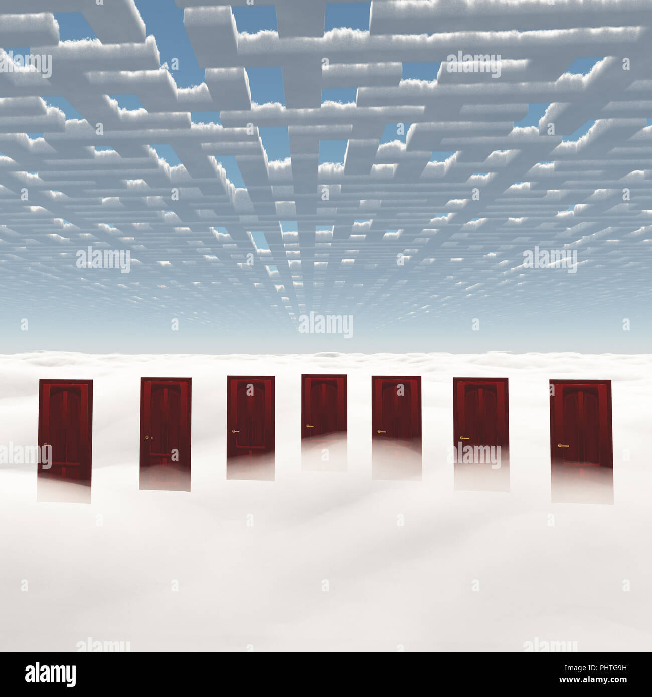 Il surrealismo. Sette porte in nubi. Labirinto di nuvole nel cielo. Foto Stock