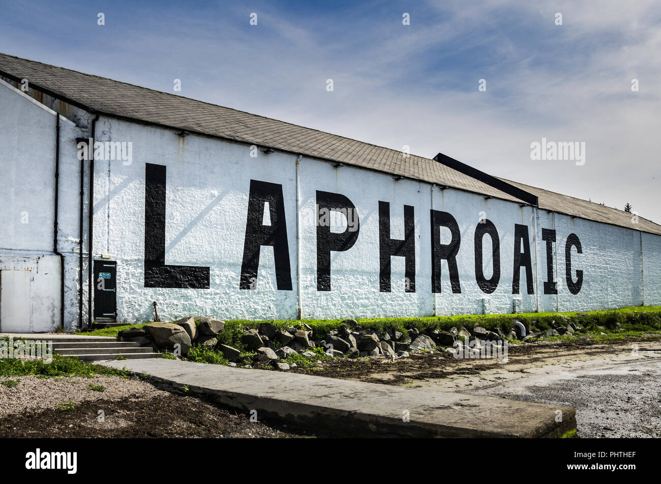 Segno a Laphroaig distilleria di whisky su Islay, Scozia Foto Stock