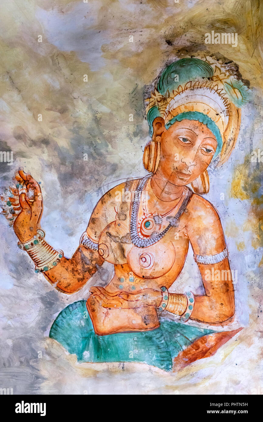 Replica dei famosi dipinti murali a Sigiriya, Museo di Sigiriya, Sigiriya, Sri Lanka Foto Stock