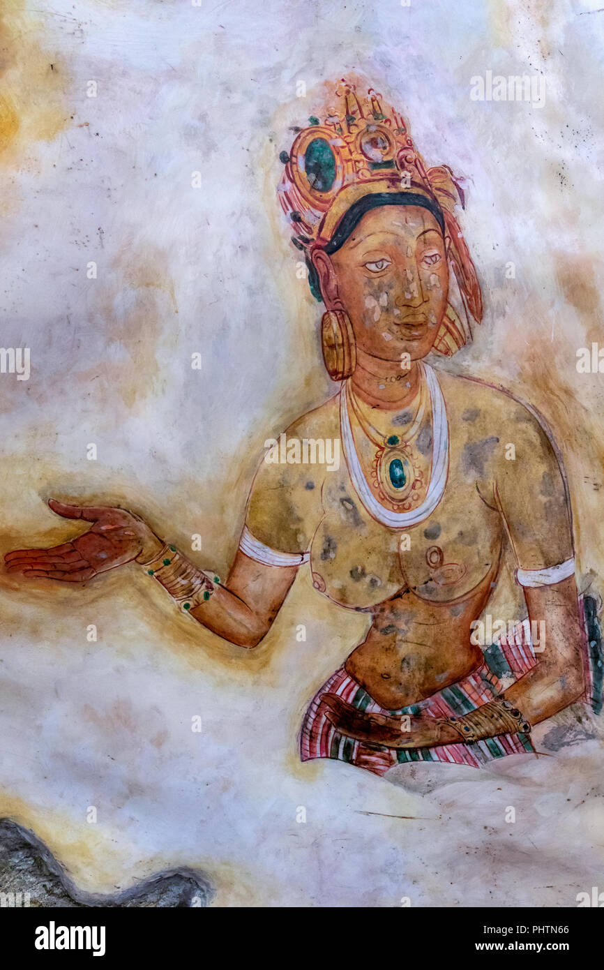 Replica dei famosi dipinti murali a Sigiriya, Museo di Sigiriya, Sigiriya, Sri Lanka Foto Stock