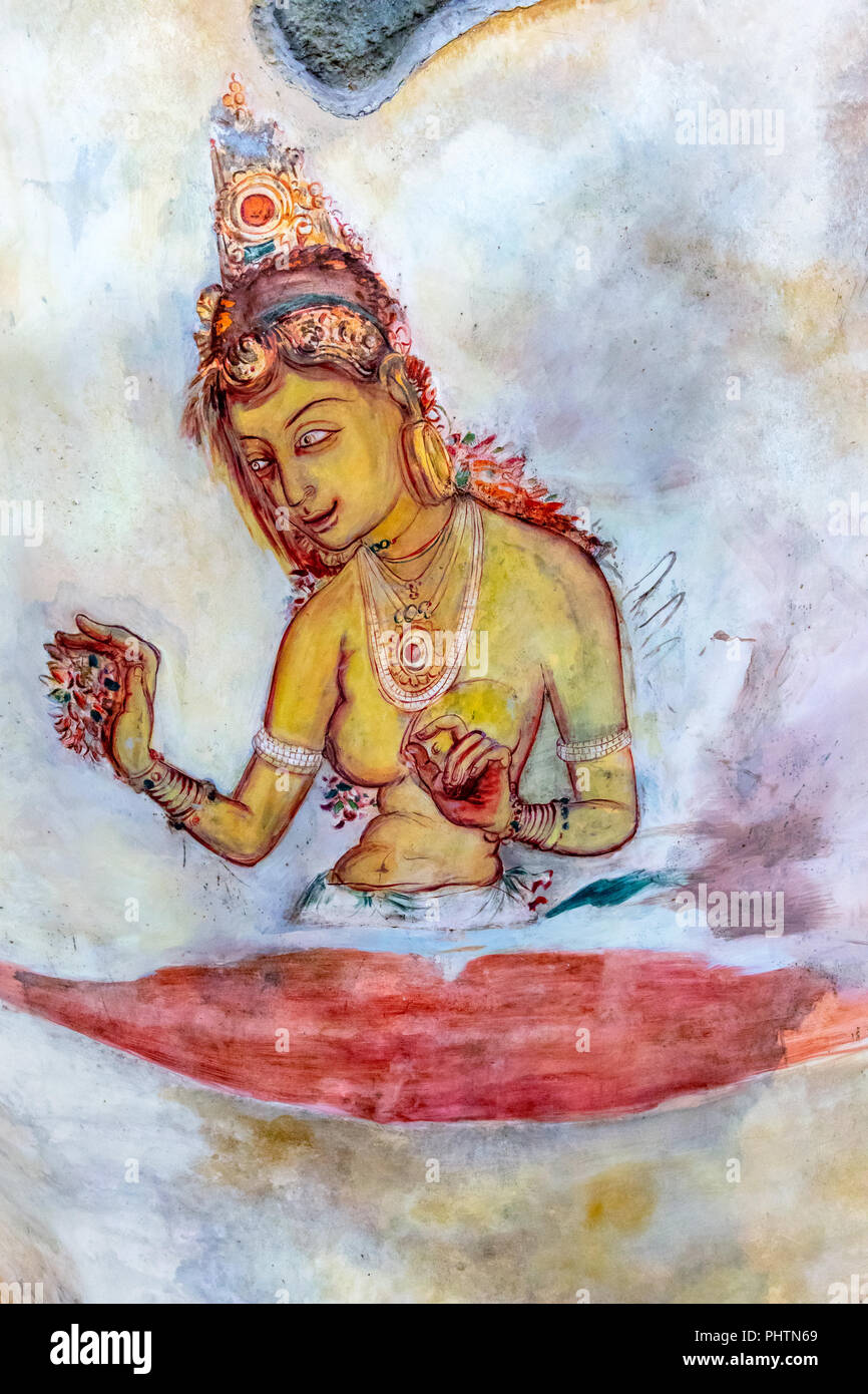 Replica dei famosi dipinti murali a Sigiriya, Museo di Sigiriya, Sigiriya, Sri Lanka Foto Stock
