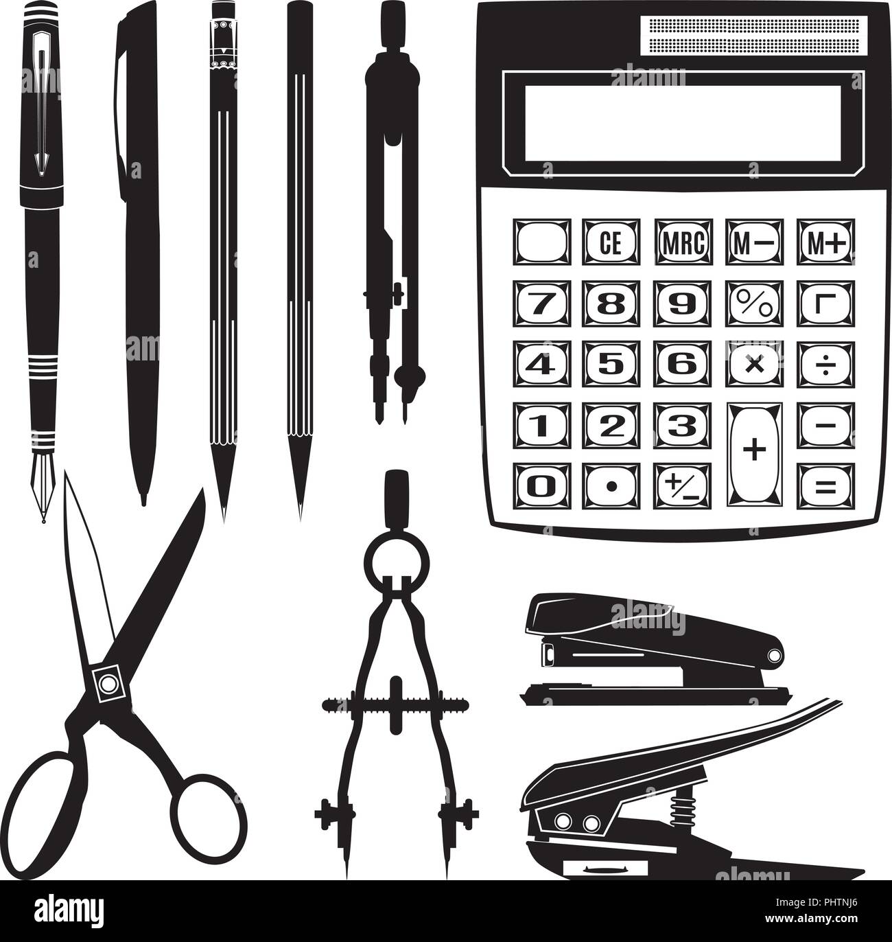 Set di vettore di scuola e di forniture per ufficio Illustrazione Vettoriale