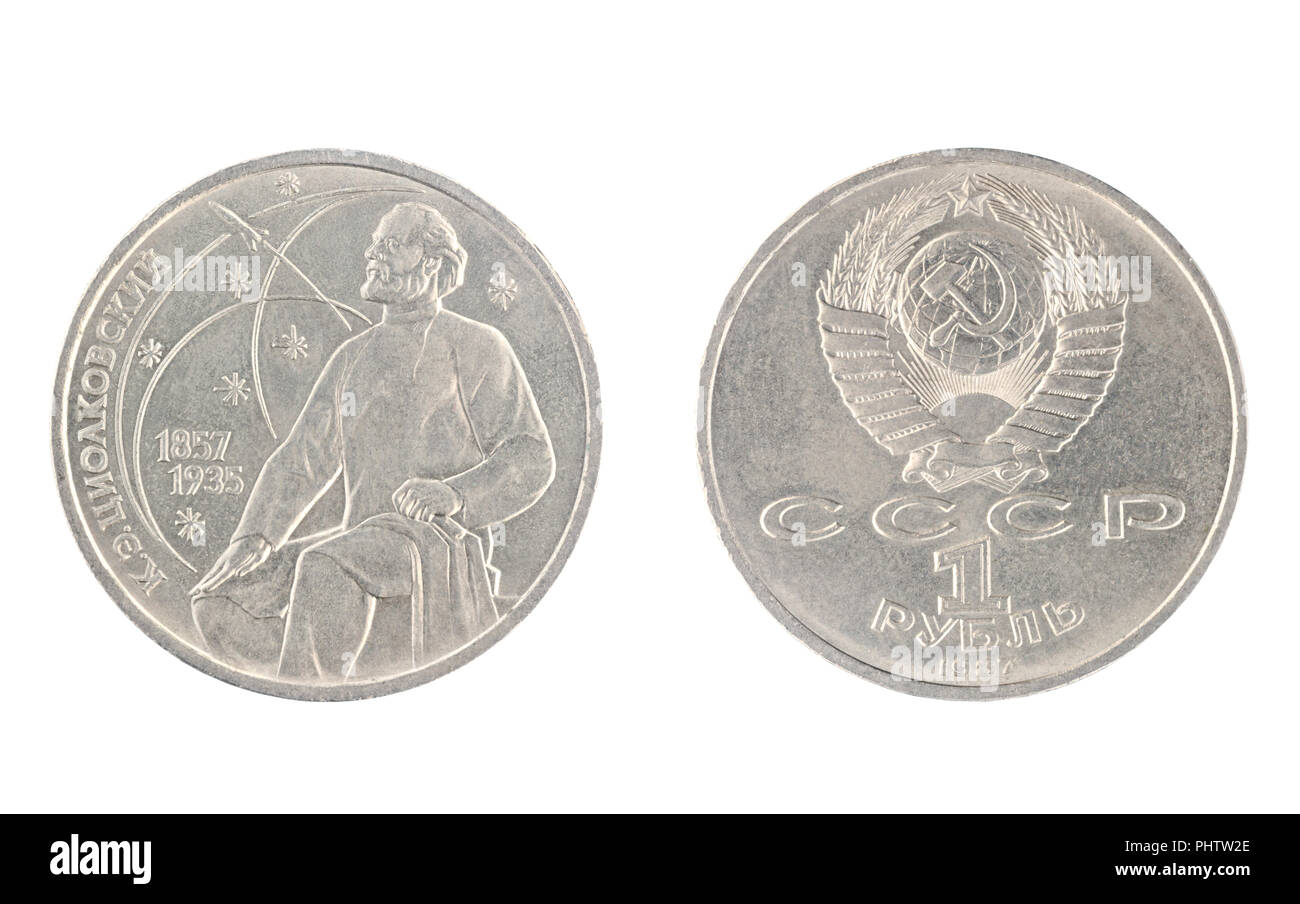 Set di commemorativo per l'URSS moneta, del valore nominale di 1 rublo.Dal 1987, mostra Konstantin Tsiolkovsky (1857-1935), russo ingegnere aeronautico. Ho Foto Stock