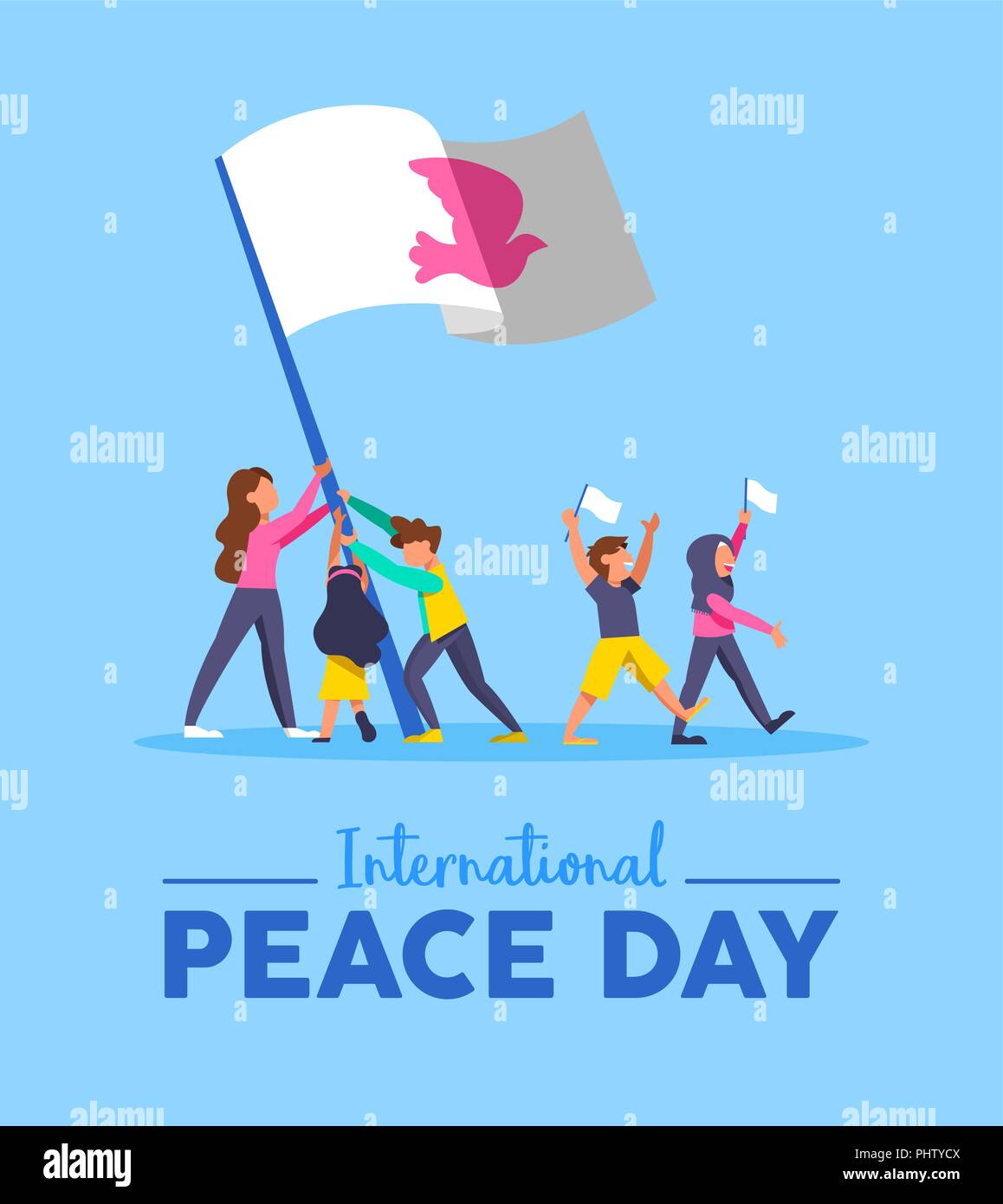 La Giornata Mondiale della Pace per il biglietto di auguri illustrazione, diversificato gruppo di amici di diverse culture insieme per una vacanza speciale celebrazione. Lavoro di squadra globale aiuto Illustrazione Vettoriale