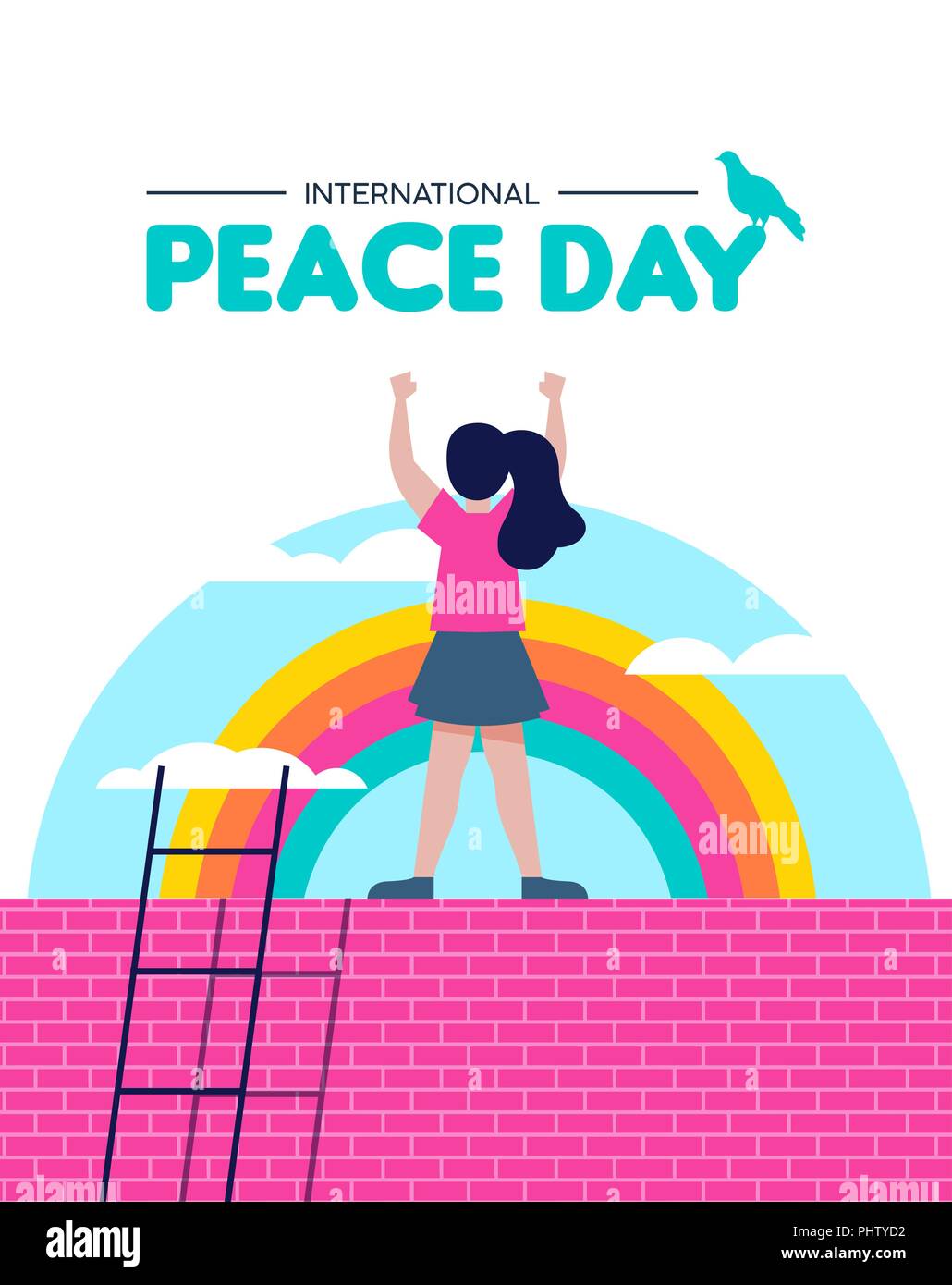 La pace internazionale giorno illustrazione, mondo bambini il concetto di libertà. Libera ragazza celebrando in arcobaleno sullo sfondo del cielo. EPS10 vettore. Illustrazione Vettoriale