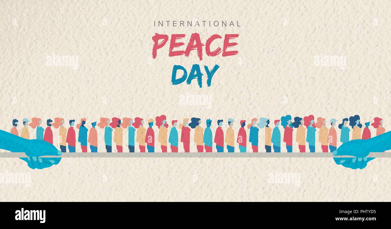 La Giornata Mondiale della Pace per il biglietto di auguri illustrazione, diverse persone gruppo insieme per una vacanza speciale celebrazione. Internazionale di aiuto sociale concetto. EPS10 ve Illustrazione Vettoriale