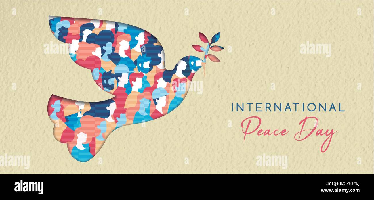 La Giornata Mondiale della Pace per il biglietto di auguri illustrazione, diverse persone gruppo insieme per una vacanza speciale celebrazione. Internazionale di aiuto sociale concetto. EPS10 ve Illustrazione Vettoriale