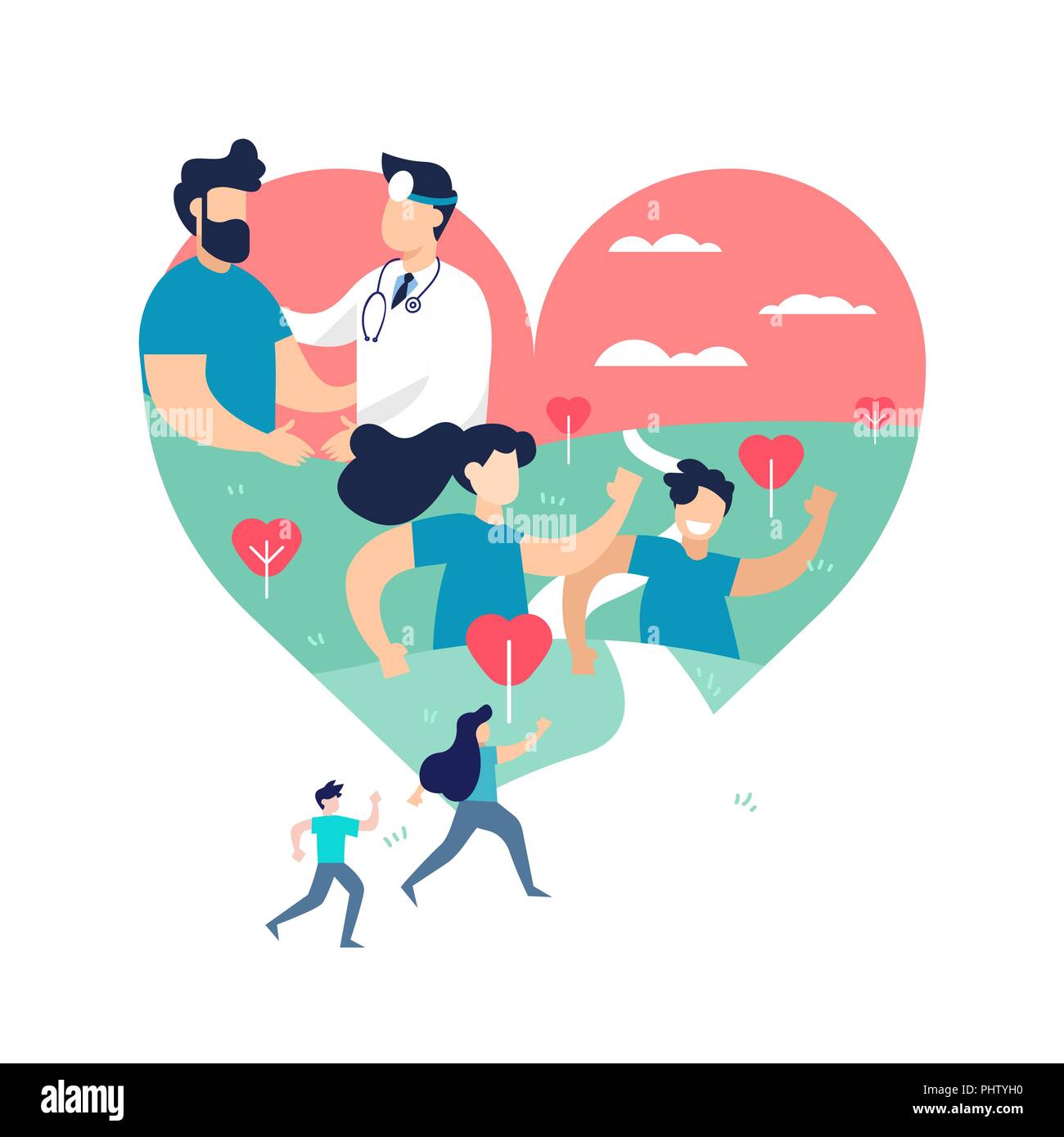 Forma di cuore illustrazione, salute medicina concetto. Le persone che eseguono per esercitare la consapevolezza o evento di sport all'aperto e di medico con il paziente su b isolate Illustrazione Vettoriale
