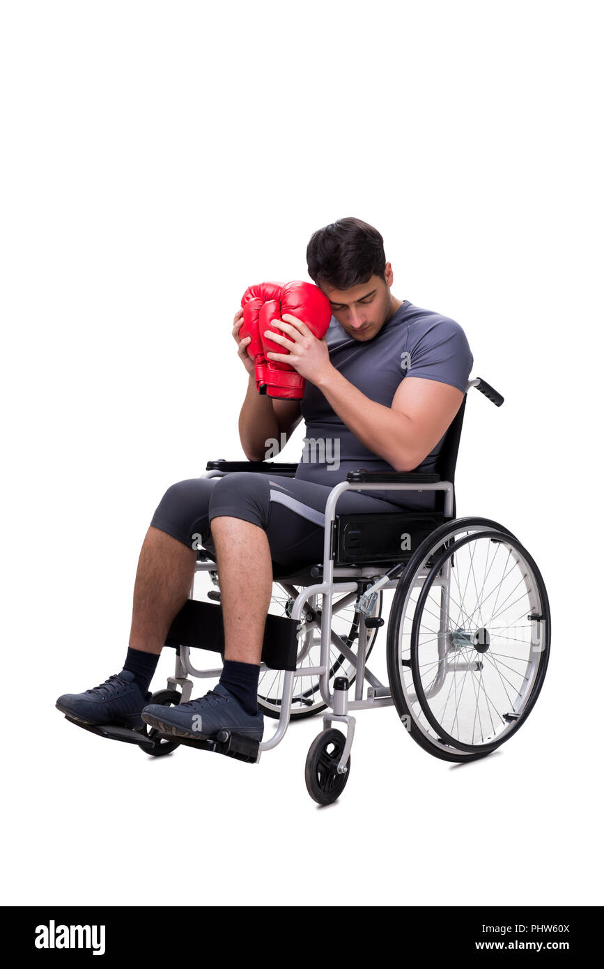 Boxer di riprendersi dal pregiudizio subito su una sedia a rotelle Foto Stock