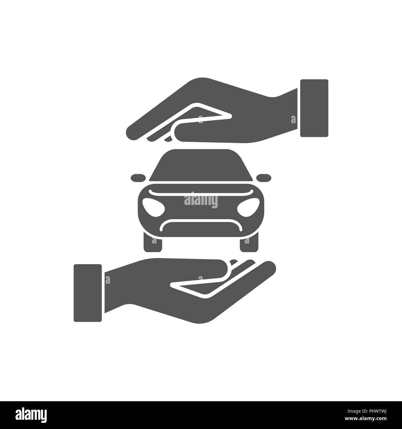 Auto di assicurazione di automobile e la rinuncia a danni da collisione concetti. Icona del vettore di auto in mani nel gesto protettivo. Illustrazione Vettoriale