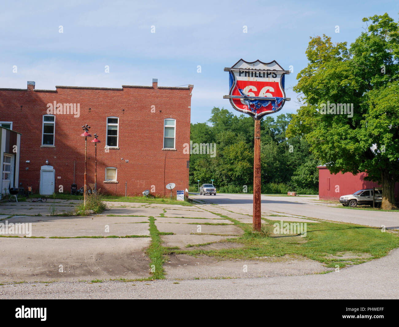 Ex Phillips 66 stazione di gas. Stockwell, Indiana. Foto Stock