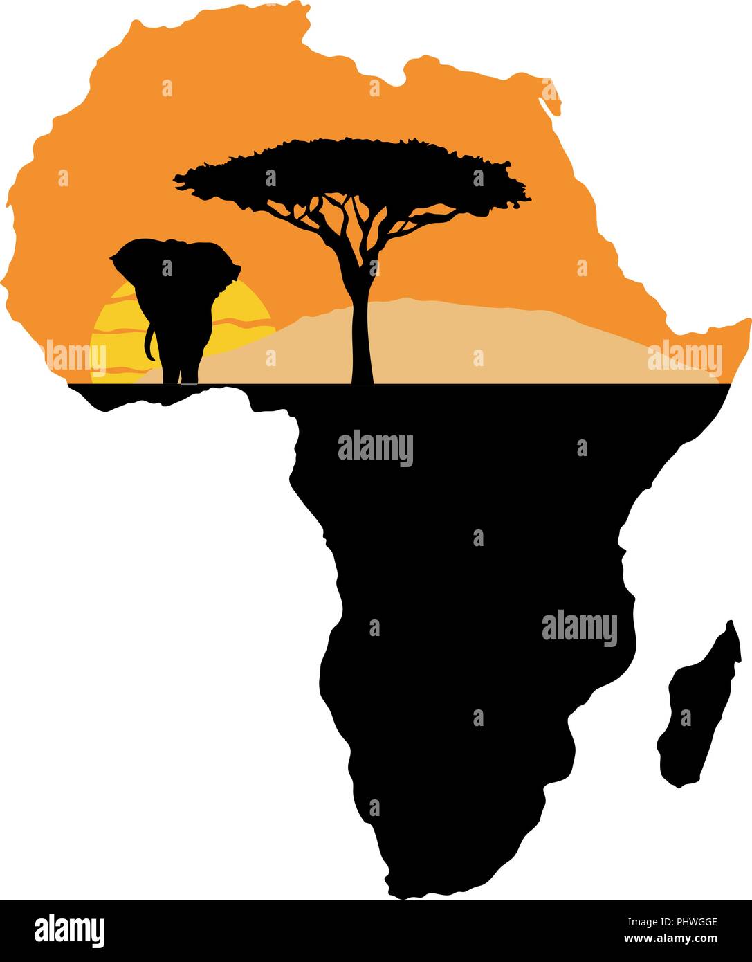 Un elefante contro lo sfondo del sole che tramonta e Kilimanjaro Illustrazione Vettoriale