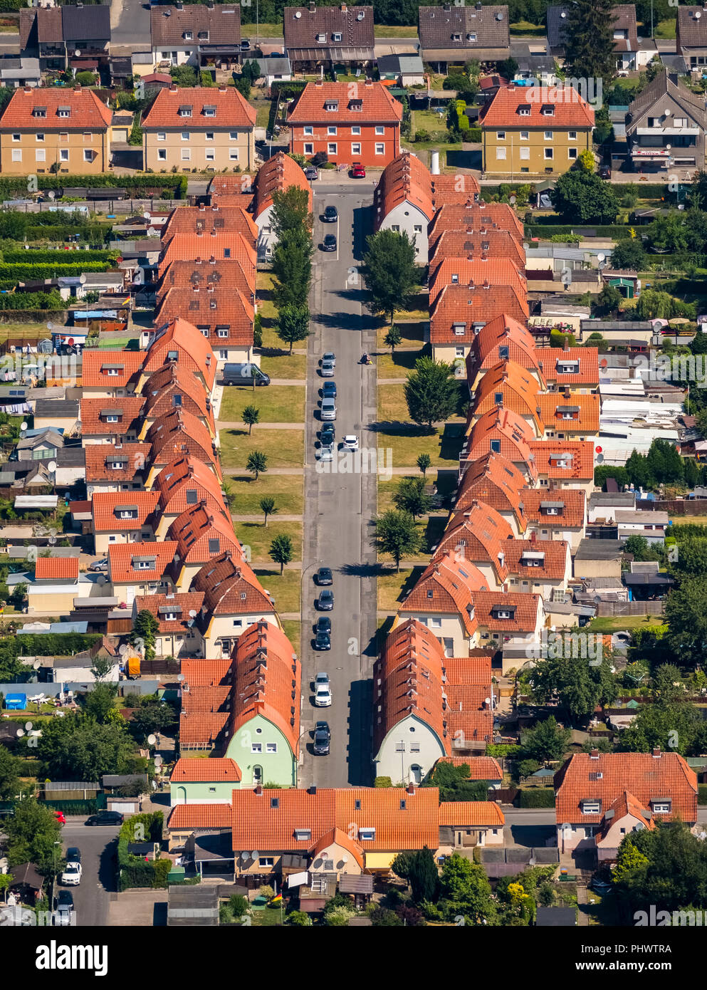 Insediamento minerario Ulmenfeld, tetti rossi, storico insediamento minerario Ulmenhof, Gemmerich, Ahlen, la zona della Ruhr, Renania settentrionale-Vestfalia, Germania, DEU, Euro Foto Stock