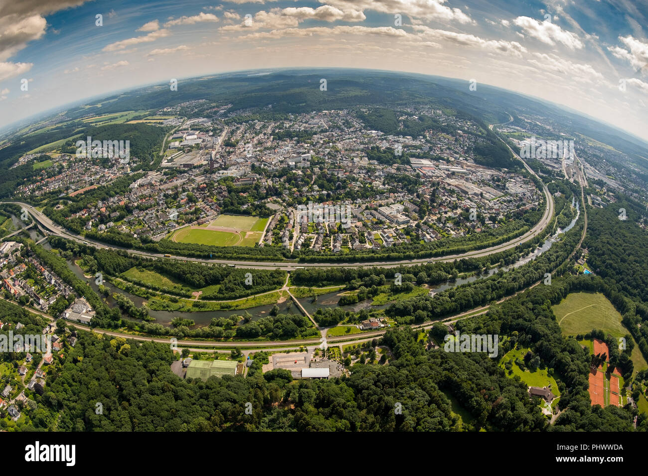 Panoramica da ovest via Neheim, fish eye foto, fisheye, Valle della Ruhr, rinaturazione, Arnsberg, Sauerland, Renania settentrionale-Vestfalia, Germania, DEU, Foto Stock