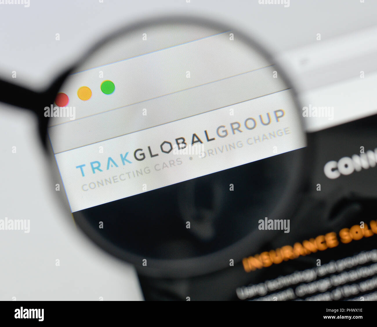 Milano, Italia - 20 agosto 2018: Trak gruppo Global website homepage. Trak Global Group logo visibile. Foto Stock