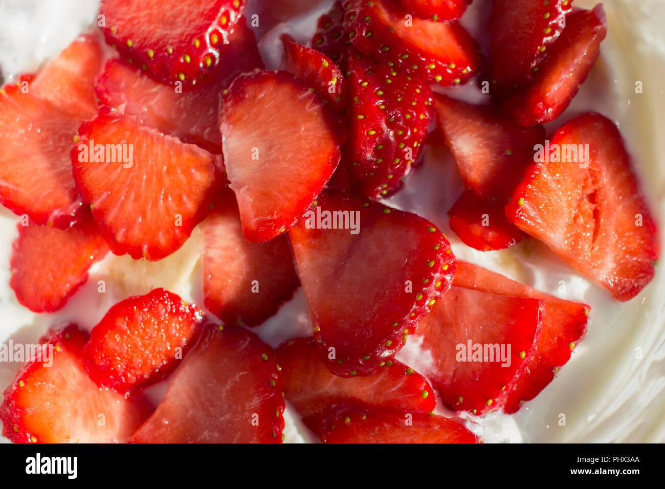 Le fragole tagliate su yogurt greco Foto Stock