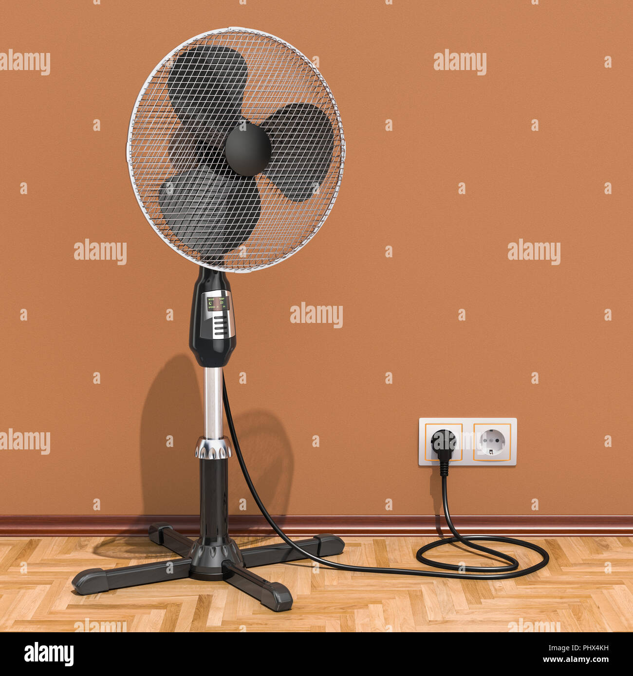 Piedistallo permanente elettroventilatore in interni, rendering 3D Foto Stock