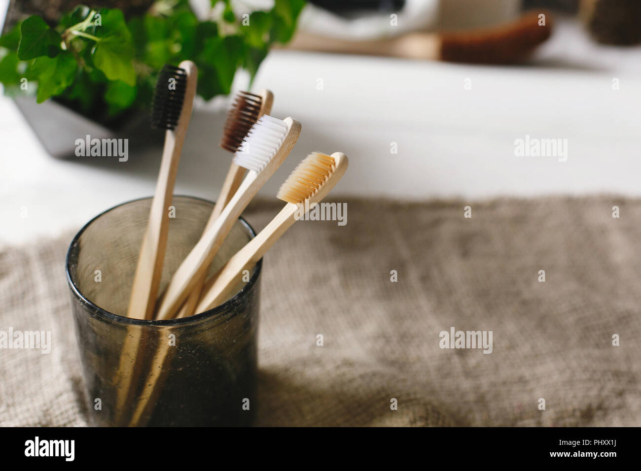 Eco di bamboo naturale spazzolini da denti in vetro su sfondo rustico con vegetazione. Uno stile di vita sostenibile concetto. rifiuti zero home. bagno essentials, plas Foto Stock