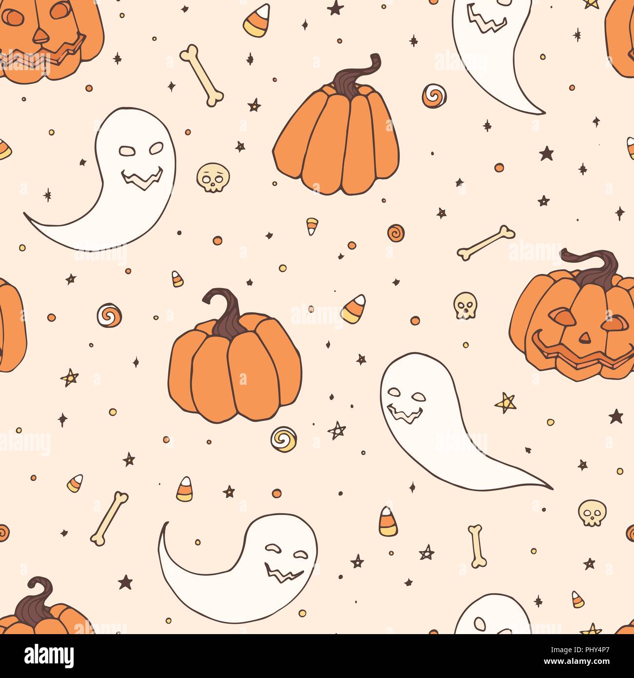 Vector Halloween schema di ripetizione con zucche, fantasmi con facce spaventoso, ossa e di teschi e di cereali caramellati nel disegno stile. Disegnata a mano autunno decora vacanze Illustrazione Vettoriale