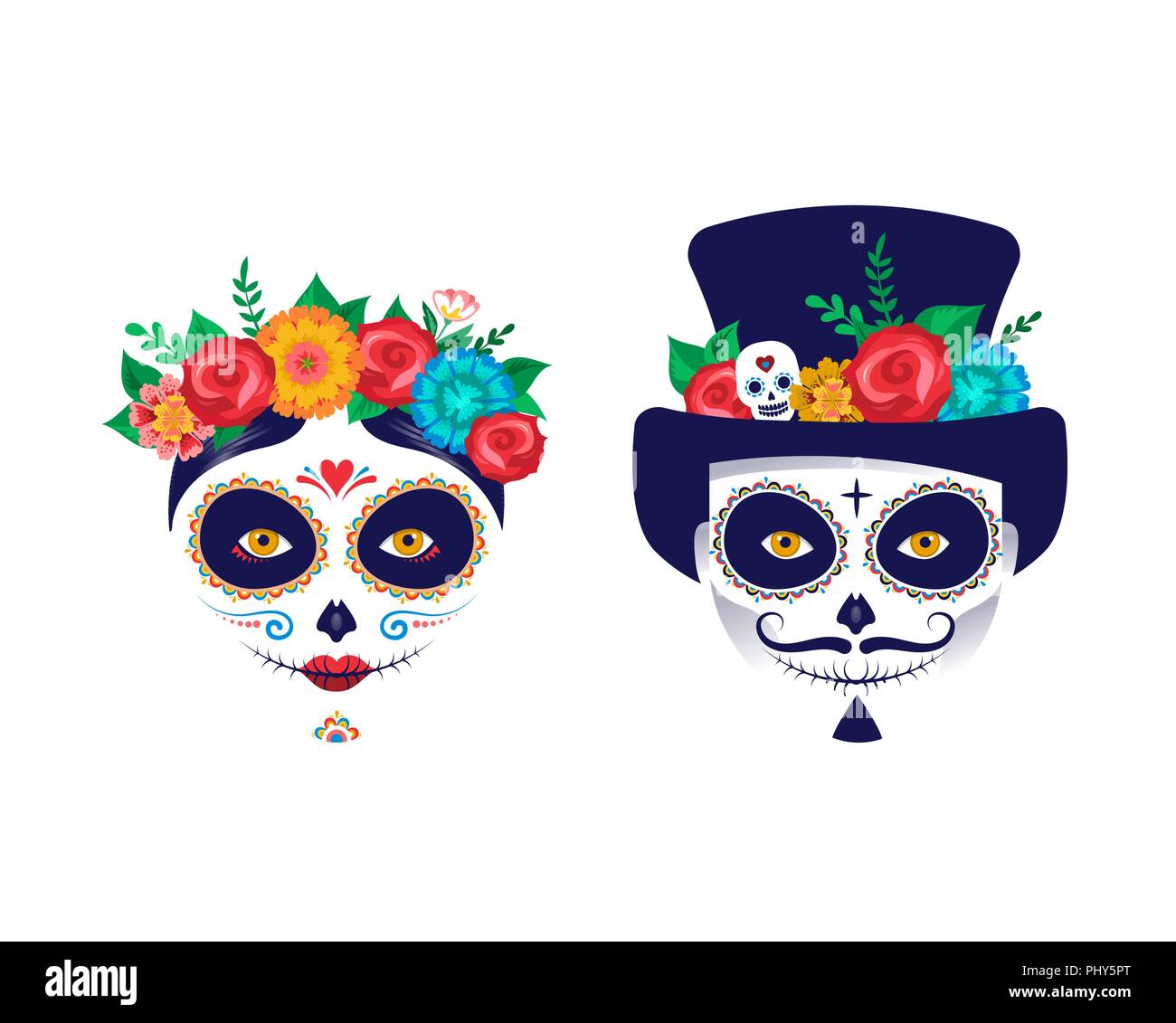 Il dia de los Muertos, il giorno dei morti, vacanza messicana, festival. Poster del vettore, banner e carta con il make up del cranio di zucchero, donna e uomo Illustrazione Vettoriale
