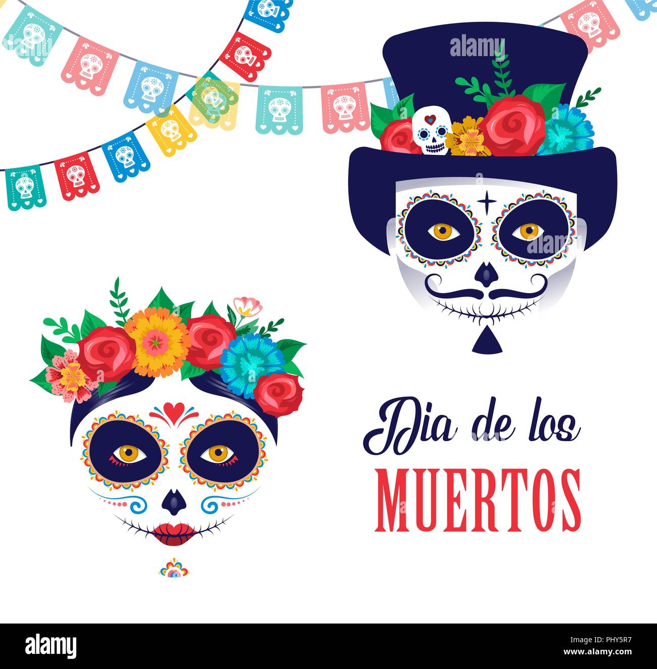 Il dia de los Muertos, il giorno dei morti, vacanza messicana, festival. Poster del vettore, banner e carta con il make up del cranio di zucchero, donna e uomo Illustrazione Vettoriale