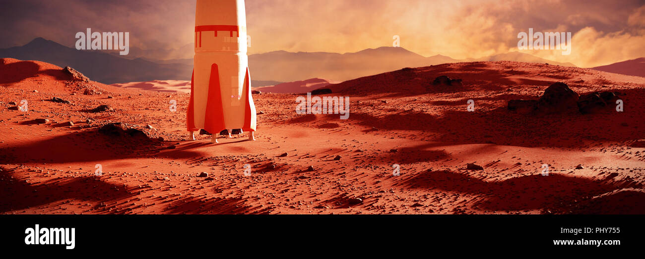 Paesaggio sul pianeta Marte, astronave atterraggio sul pianeta rosso la superficie (3d'illustrazione dello spazio banner) Foto Stock