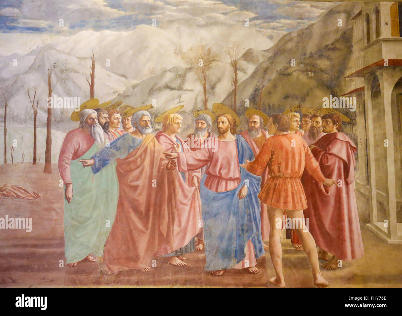 Il tributo di denaro, celebre affresco di Masaccio nella Cappella Brancacci, la 'Sistine Cappella del primo rinascimento in Firenze, Toscana, Italia Foto Stock