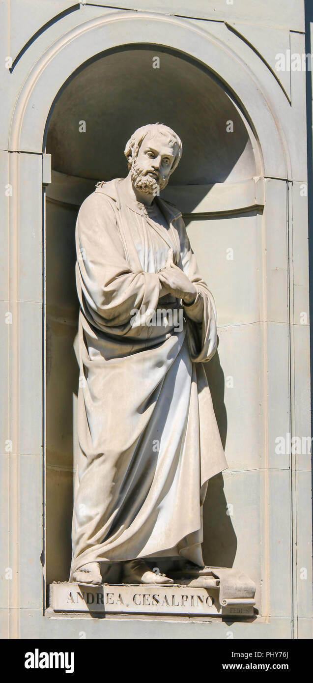 Statua di Andrea Cesalpino, un sedicesimo secolo medico italiano, filosofo e botanico, nel porticato degli Uffizi di Firenze, Italia. Foto Stock