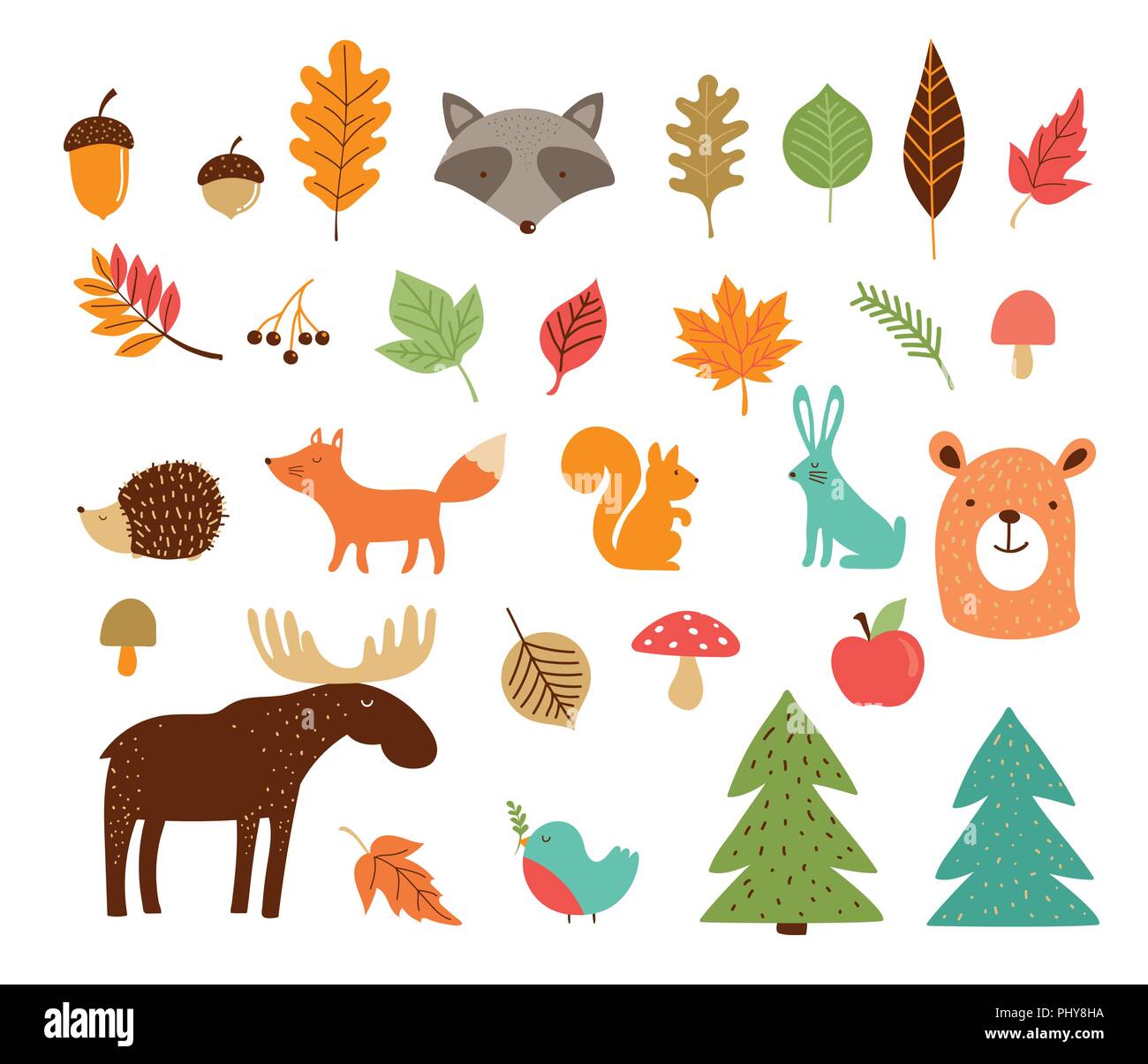Ciao Autunno, caduta stagione raccolta di animali della foresta, gli elementi e le illustrazioni, adesivi, icone Illustrazione Vettoriale