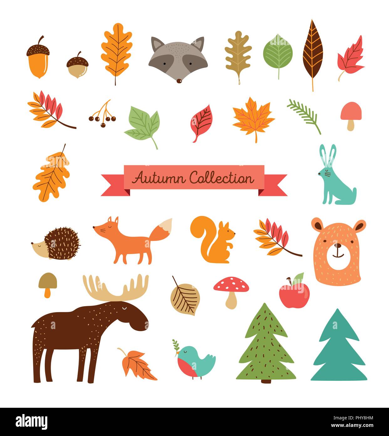 Ciao Autunno, caduta stagione raccolta di animali della foresta, gli elementi e le illustrazioni, adesivi, icone Illustrazione Vettoriale