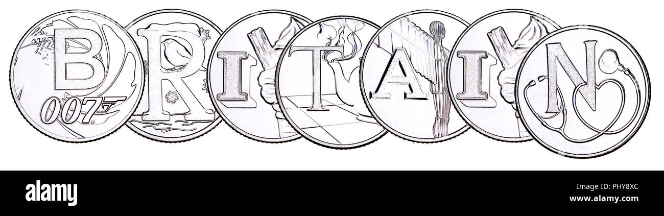 British 10p moneta (retromarcia) da 2018 alfabeti serie, celebrando britannicità. L'ortografia "Gran Bretagna" Foto Stock
