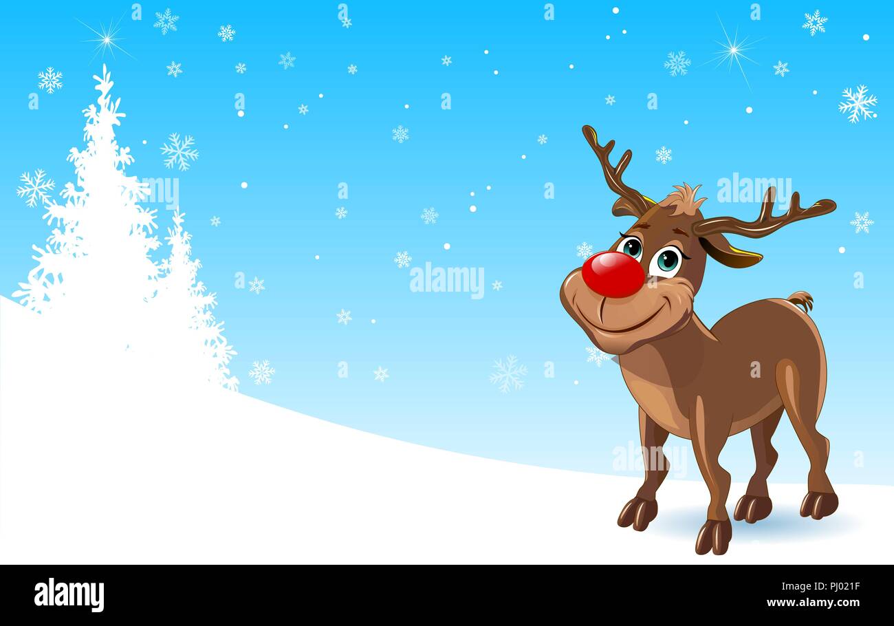 Cartoon deer su un sfondo d'inverno. Un cervo sullo sfondo di fiocchi di neve e abeti. Un cervo con un naso rosso. Illustrazione Vettoriale