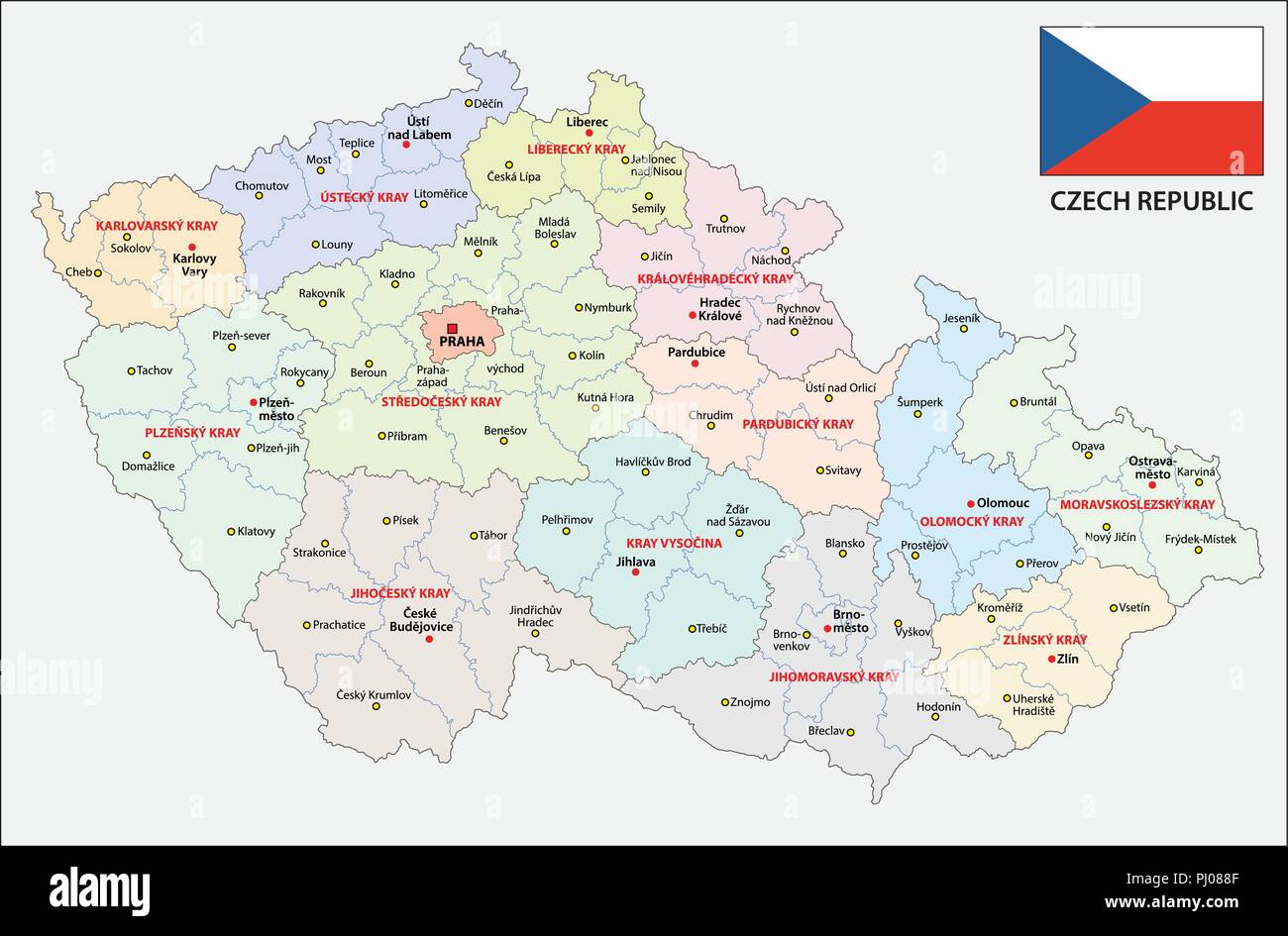 Repubblica ceca politica e amministrativa di mappa con bandiera. Illustrazione Vettoriale