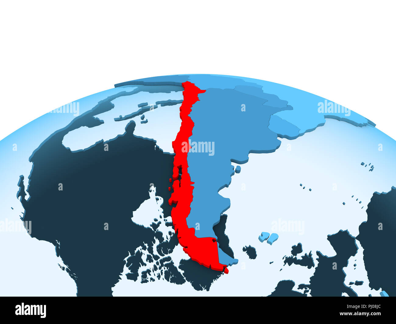 Mappa di Cile in rosso sul blu globo politico con trasparente degli oceani. 3D'illustrazione. Foto Stock
