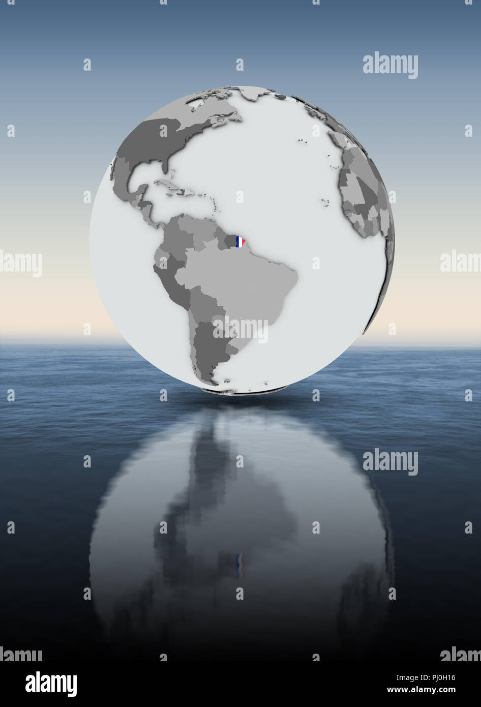 Guiana Francese con bandiera sul globo terrestre al di sopra dell'acqua. 3D'illustrazione. Foto Stock