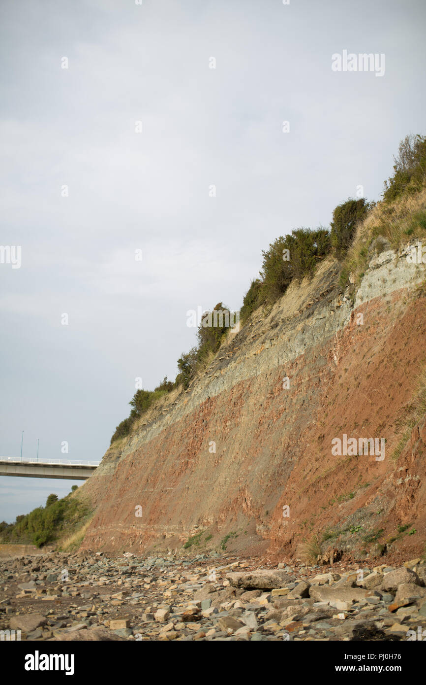 Vista la notevole gli strati di roccia in Aust scogliere, vicino al primo ponte Severn, a bassa marea Foto Stock