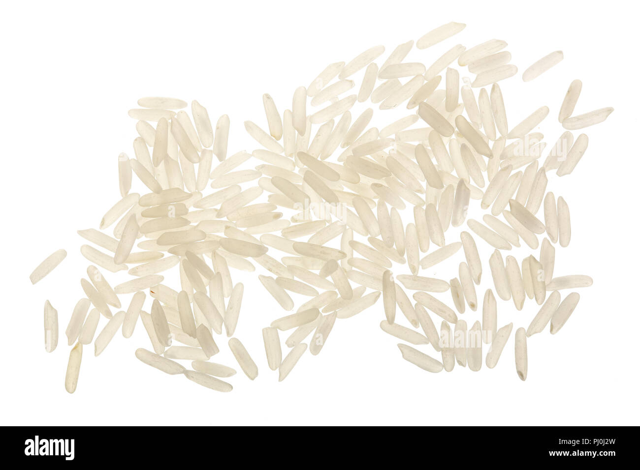 I chicchi di riso isolato su sfondo bianco. Vista dall'alto. Lay piatto. Foto Stock