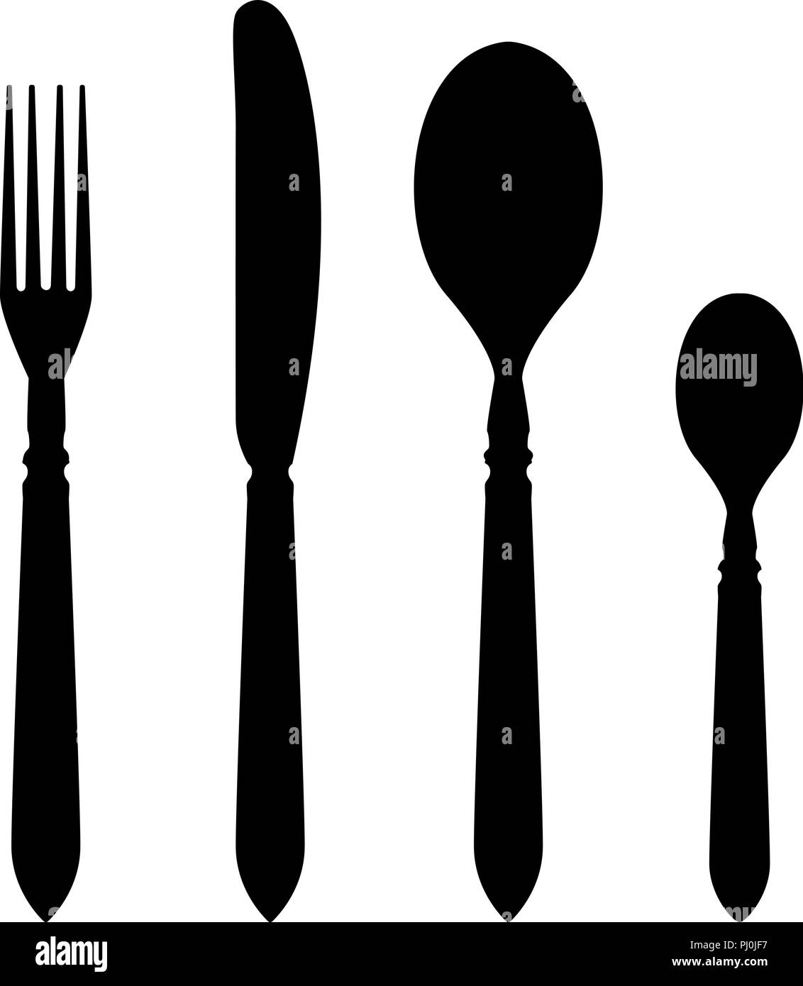 Set di posate - forcella, coltello, un cucchiaio da tavola, cucchiaino. Silhouette nera disegno Illustrazione Vettoriale