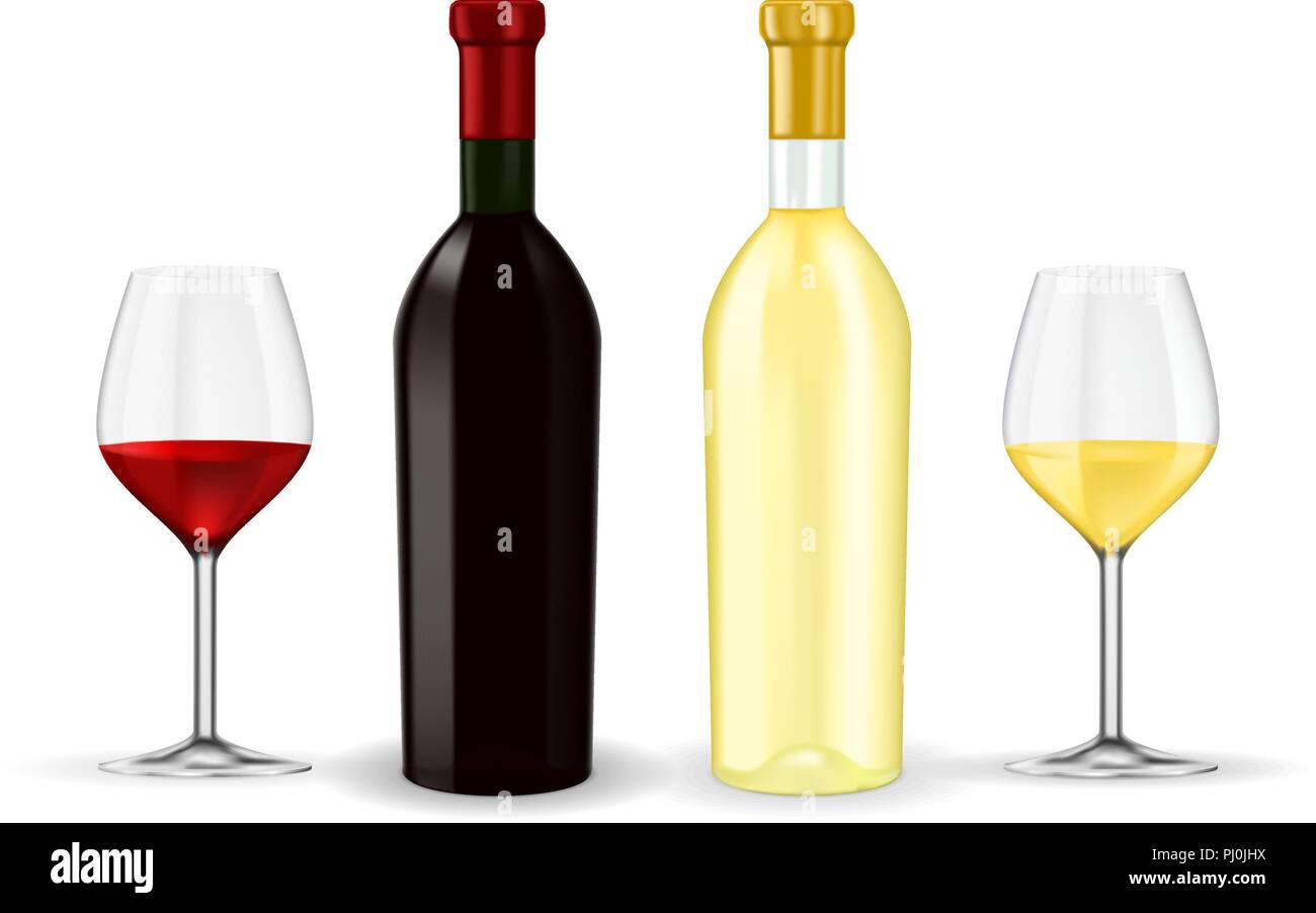 Bottiglie di vino rosso e bianco con gli occhiali Illustrazione Vettoriale