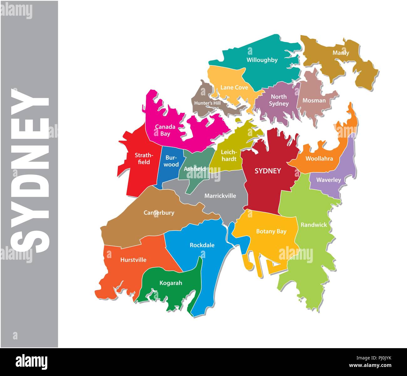 Colorato Sydney politica e amministrativa di mappa. Illustrazione Vettoriale