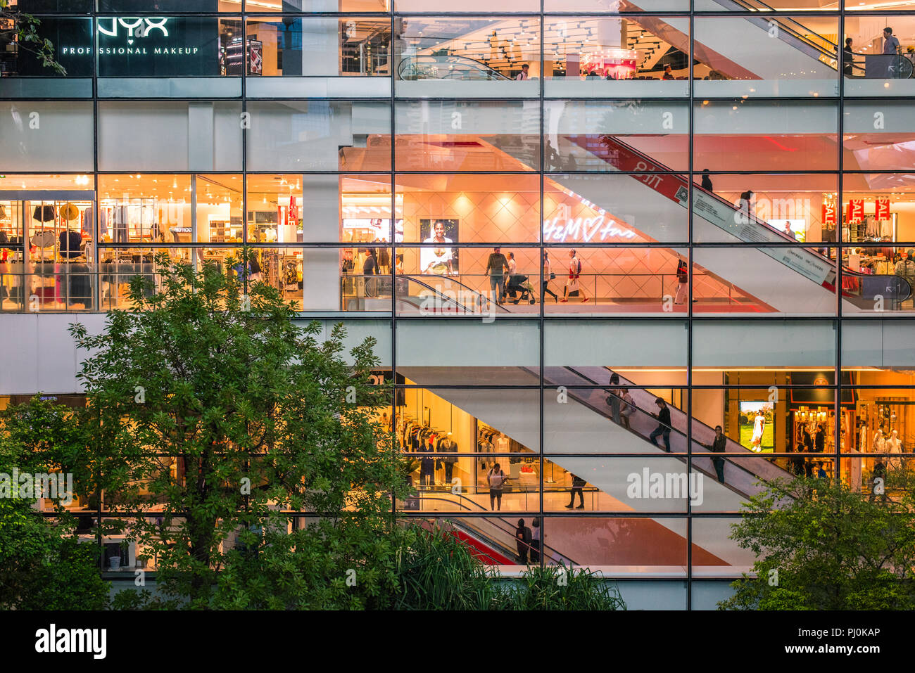 Vita di EmQuartier Shopping Mall (Bangkok, Thailandia) attraverso il vetro durante la notte e gli alberi del giardino del cortile nel crepuscolo. Foto Stock