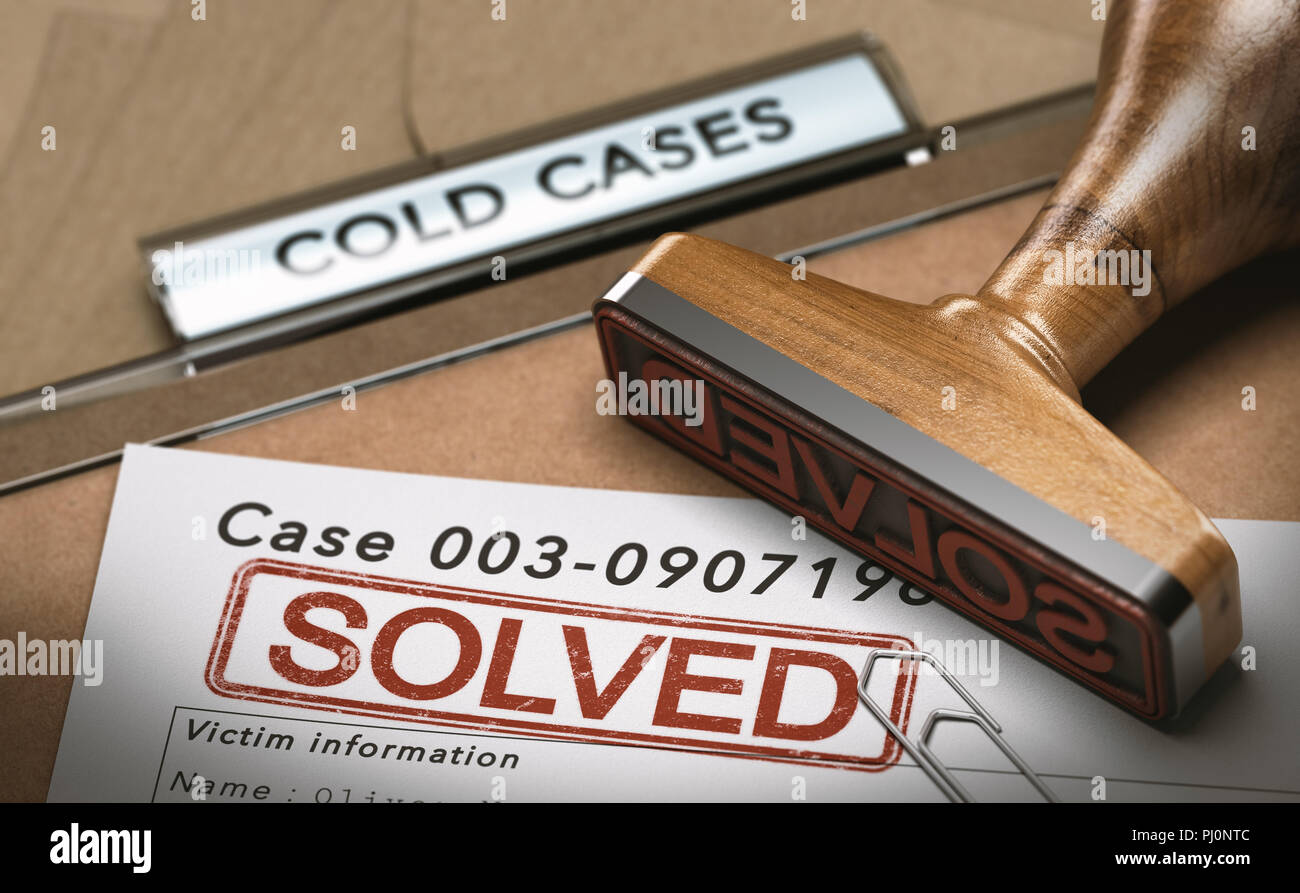 3D illustrazione di un caso freddo file con un timbro di gomma e la parola risolto. concetto di successo delle indagini di polizia Foto Stock