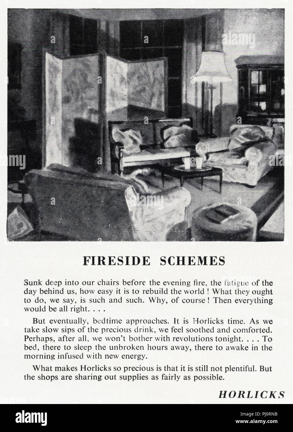 1940s vecchio vintage originale pubblicità pubblicità Horlicks drink prima di addormentarsi in rivista inglese circa 1947 Foto Stock