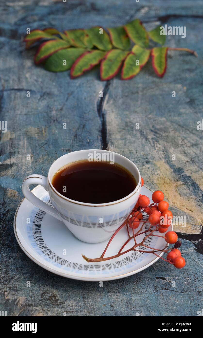 Tazza da caffè con bacche di colore rosso su sfondo blu Foto Stock