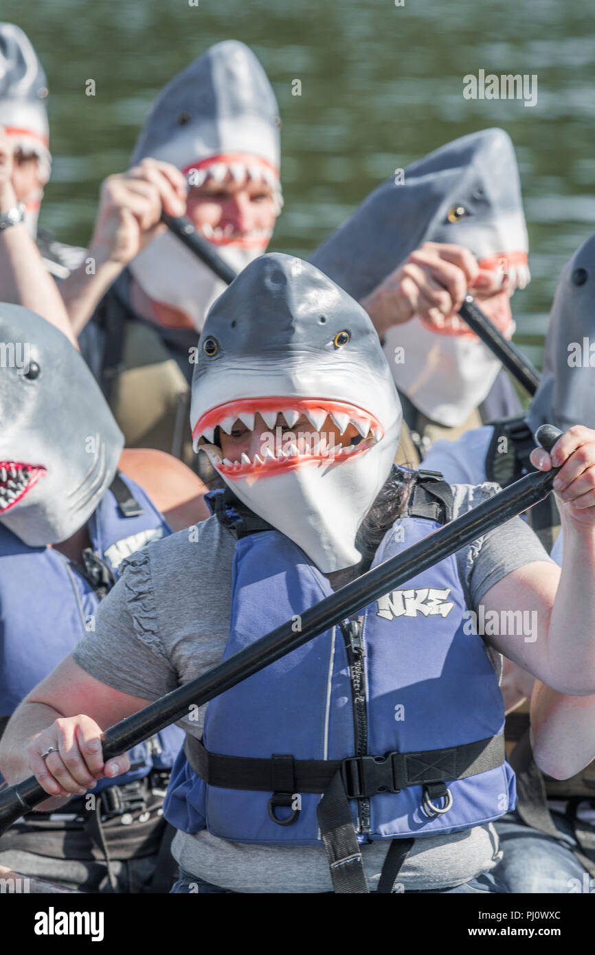 Abiti fantasiosi costumi indossati dai partecipanti alla gara di dragon boat organizzata da East Northants rotary club a Wicksteed Park, Kettering il 2 settembre Foto Stock