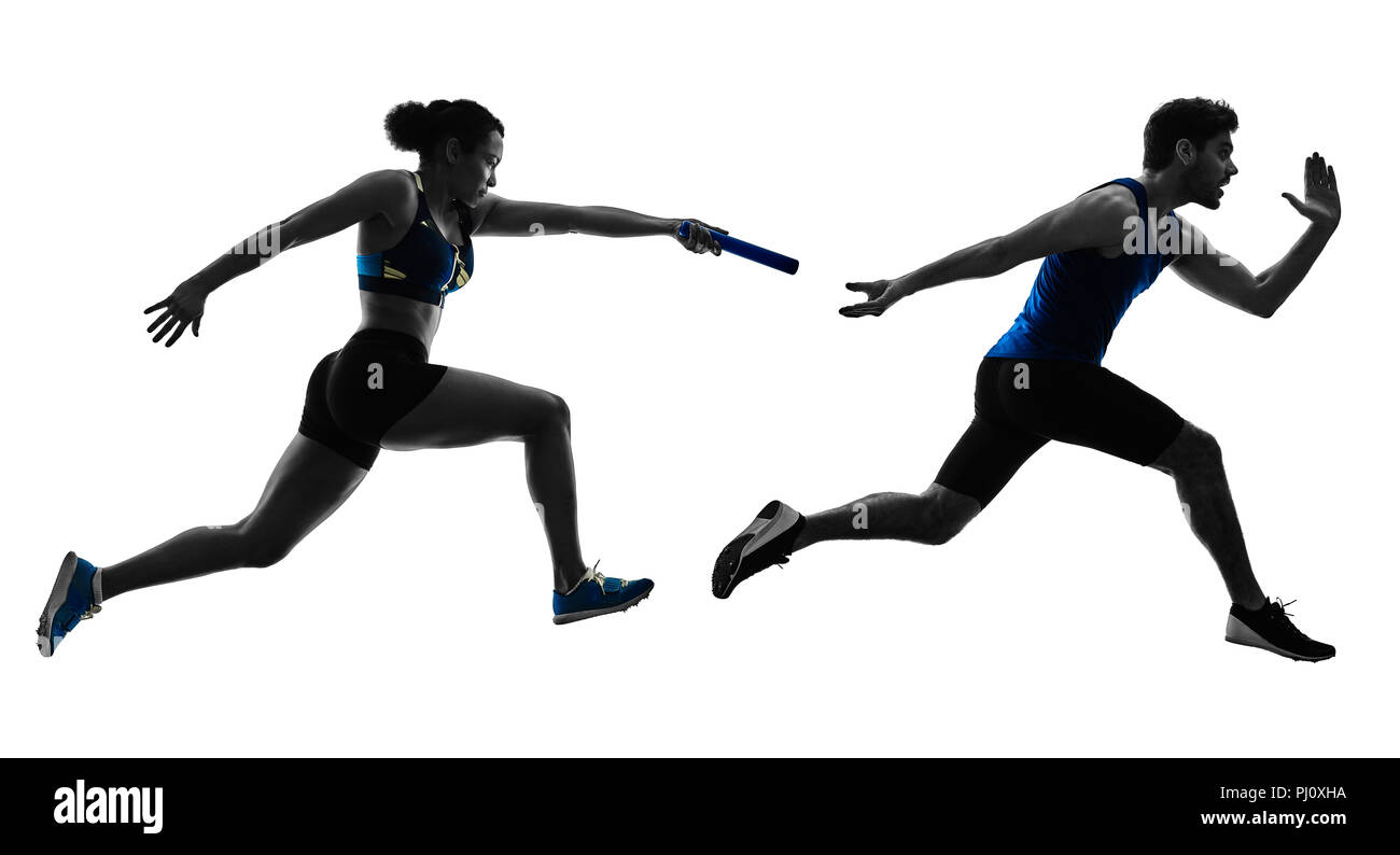 Relè di atletica corridori velocisti guide in esecuzione in silhouette isolati su sfondo bianco Foto Stock